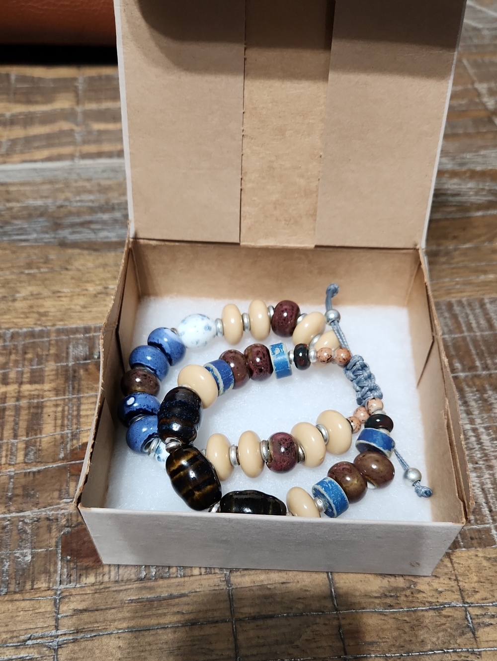 J Jill Multi-Bead Artisan Style Bracelet | Blue, Cream & Brown | Adjustable cord